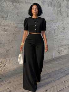 Eryvara Women's New Solid Color Summer Casual Vacation Round Neck Petal Sleeve Blouse & Loose Long Pants Two Pieces Set - Black - View 6