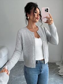 SHEIN Revavyn Women's Cardigan Fitted Knit Crew Neck Single Breasted Ribbed Cuffs Elegant Casual Old Money Grey Solid Fall Clothes For Women Fall - Light Grey - View 5