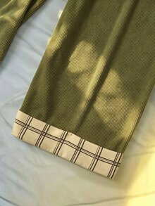 Franclia 大尺碼秋冬燈芯絨長褲，附口袋、腰帶與拼接設計 - 綠色 - 查看 4