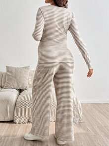 SHEIN 孕婦條紋長袖T恤與可調腰長褲2件套 - 杏色 - 查看 9