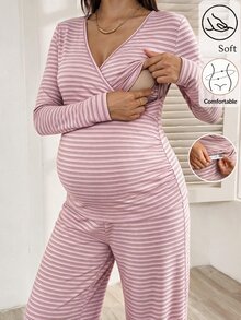 SHEIN 孕婦條紋哺乳長袖上衣與可調腰圍長褲休閒日常兩件套 秋季 - 粉色 - 查看 10
