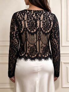 Cravure Plus Size Women Autumn/Winter Asymmetrical Lace Contrast Color Elegant Party & Casual Blouse Fall - Black - View 2