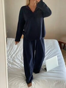 DAZY Women's Solid Color Long Sleeve Top And Pants Casual Daily Loungewear Set - Navy Blue - View 6
