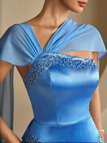 Coutiva Gaun Malam Formal Elegan Wanita dengan Hiasan Payet dan Ikat Pinggang - Biru - View 7