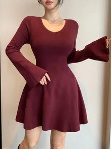 DAZY Women's Elegant Elegant Long Sleeve Sweater Dress Winter - Burgundy - View 3