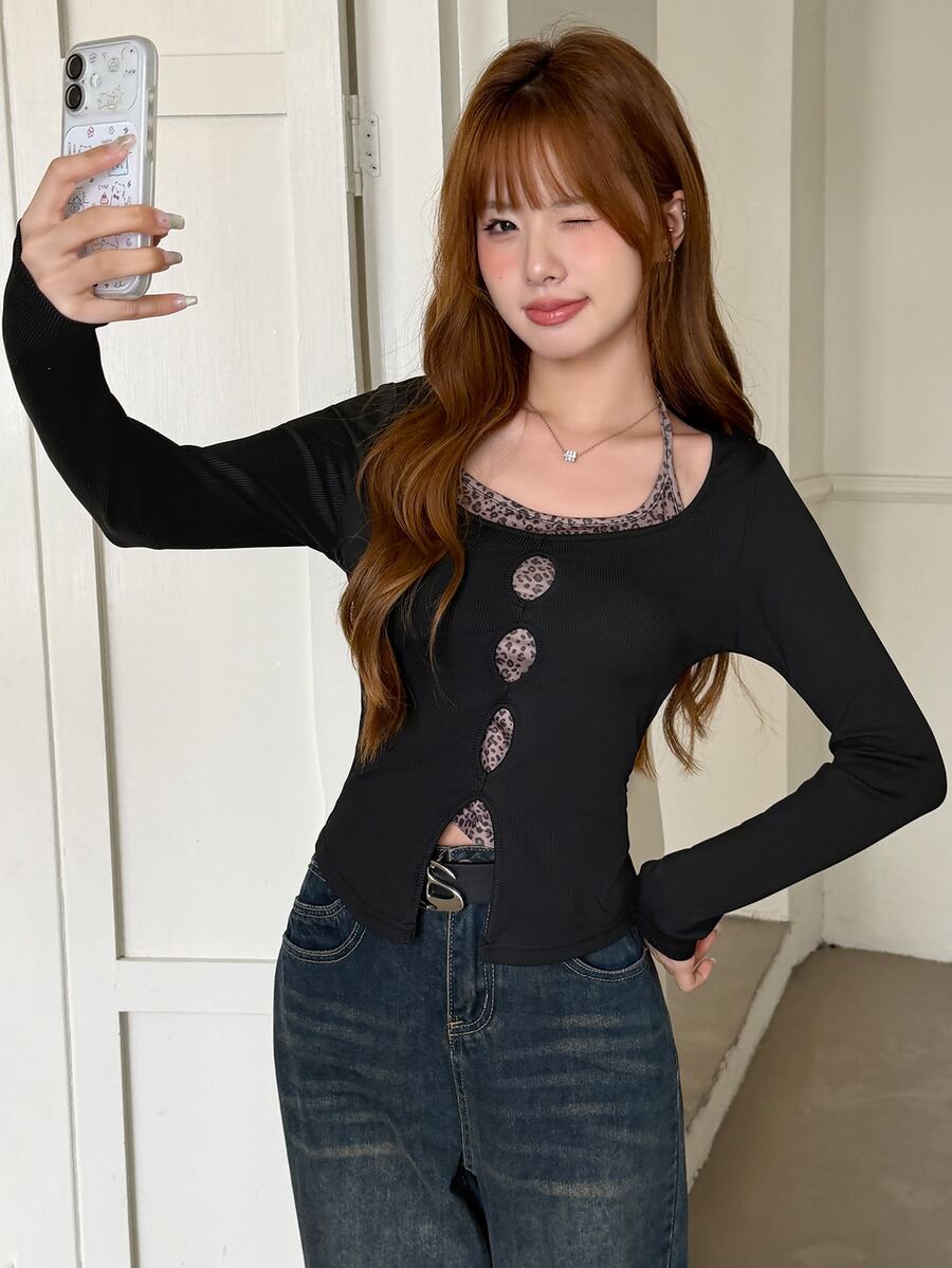 K-Vae 女款黑色鏤空長袖針織開襟衫搭配豹紋掛脖內搭上衣2件套,純欲修身性感風,適合夜店外訪,藕紫色秋季款 - 黑色 - 查看 1