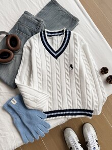 SHEIN Tween Girls Sweaters - Striped, Color-Blocked, Cable Knit, V-Neck, Lantern Sleeve, Wide-Leg Pullover Sweater For Girls, Perfect For Autumn And Winter, And Great For . - White - View 4
