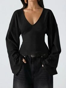 LYSMO Autumn/Winter New 95% Cotton Flare Sleeve Women's Blouse Black Solid Color - Black - View 6