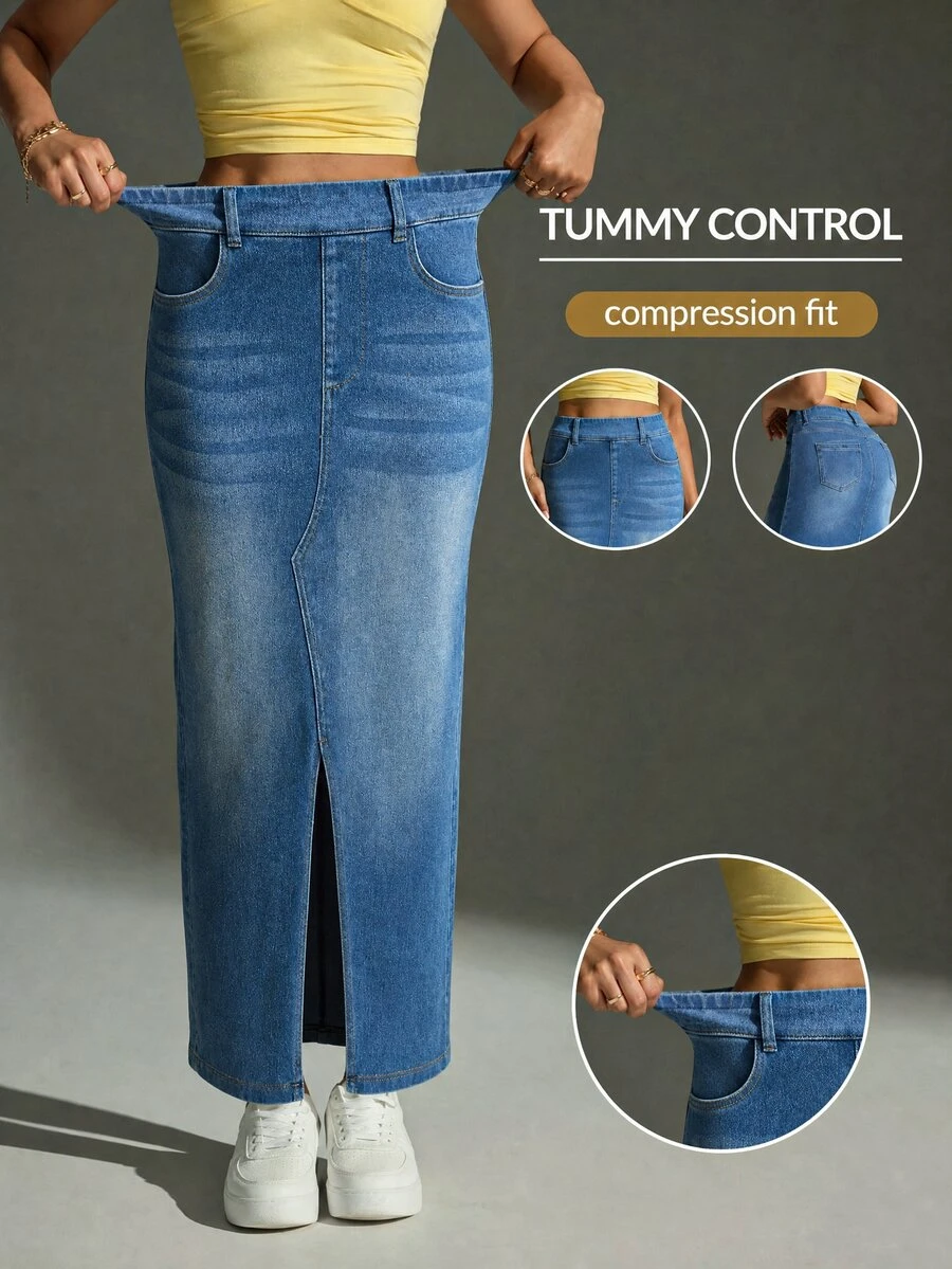 Comfortcana Women's Fashion Versatile Front Slit Pocket Denim Skirt - Medium Wash - View 1