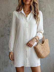 Breezaya Women's Fashion Casual Button Lace Patchwork Dress - White - View 6