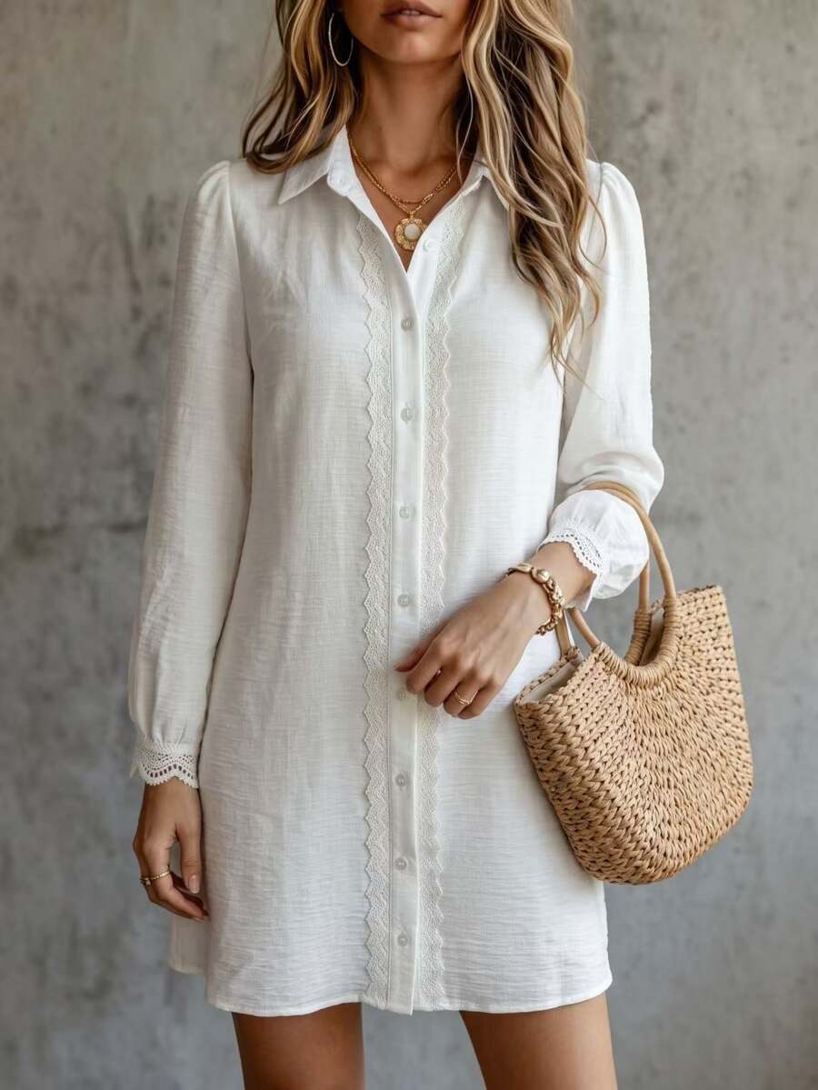 Breezaya Women's Fashion Casual Button Lace Patchwork Dress - White - View 1