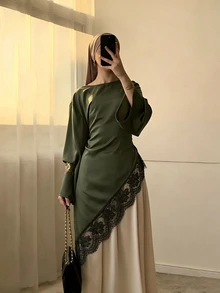 Celisse Blus Wanita Model Longgar Awal Musim Gugur Terbaru dengan Hem Asimetris dan Hiasan Renda Lengan Panjang - Hijau - View 3