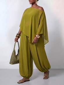 Zivah Plus Size Women Solid Color Asymmetrical Shoulder Top And Pants Casual Daily 2 Pieces Set - Olive Green - View 5