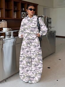 青少年女孩迷彩圖案連帽衛衣與寬鬆直筒運動長褲抓絨內裡兩件套 - 彩色 - 查看 4