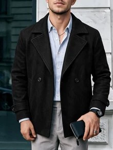 Manfinity Homme 男士純色休閒長袖外套，適合秋冬穿著，黑色大衣，鈕扣式大衣 - 黑色 - 查看 5