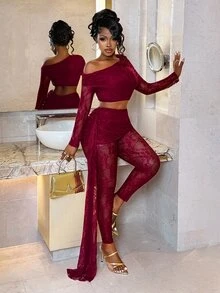 BamGleam Atmospheric Burgundy Asymmetrical Shoulder Lace Long Sleeve Top And Sexy Girl Set With Ribbon Bodycon Pants - Burgundy - View 7