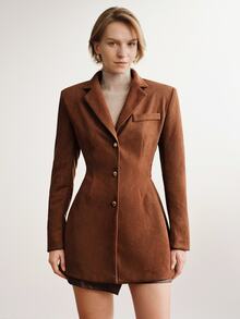 Briarwyn Autumn/Winter Suede Velvet Metal Button Waist-Cinching Commuter Blazer - Coffee Brown - View 4