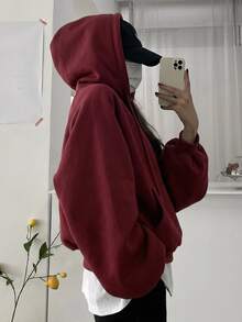 DAZY 女款純色連帽寬鬆短版運動衫 - 酒紅色 - 查看 2