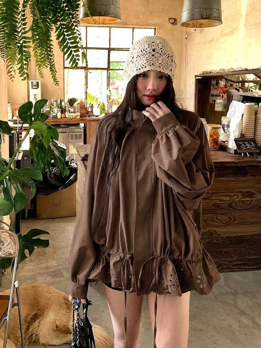 DAZY Women's Lapel Collar Hollow Out Fresh Style Ruffle Trim Thin Jacket Fall - Coffee Brown - View 1
