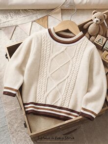 Cozy Pixies Kids Young Boy Colorblock Striped Knit Soft 3D Cable Texture Crew Neck Long Sleeve Pullover Autumn Sweater - Apricot - View 7