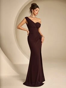 Coutiva Women's Solid Color Off-Shoulder Slit Design Elegant Waist-Cinching Formal Evening Gown Dress - Brown - View 4