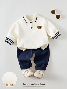 SHEIN 中性嬰兒男孩/女孩、幼兒 2件組秋冬保暖內裡加厚休閒可愛 Polo 領運動衫套裝，嬰兒冬季衣物，聖誕節 - 藏蓝色 - 查看 3