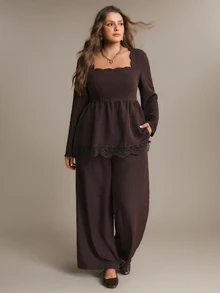 Freevana Square Neck Peplum Top And Wide-Leg Pants Two Pieces Set With Lace Hem, High-Waist Elegant Outfit Fall - Mocha Brown - View 3
