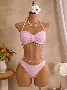 SHEIN Swim 女款 3 件式純色紋理貝殼飾邊編織繩掛脖比基尼套裝，含三角泳褲與裙子，春夏海灘泳裝 - 粉色 - 查看 4