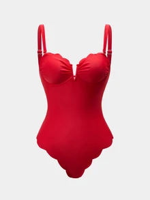 Swim Oasis Christmas Red Petal Trim Bandeau Detachable Shoulder Strap Skirt Swimsuit One Piece Two Pieces Set - Red - View 4