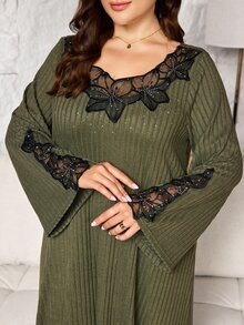 Lacomfia Ribbed Knit Long Dress With Excellent Inclusivity, Vertical Rib Texture Slimming And Heightening, Draping Smoothly Without Clinging. Exquisite Black Lace Embroidered Collar Soft And Romantic, Delicate Rhinestone Embellishments On Neckline Enhancing Elegance; Cropped Sleeves With Hollow Embroidery Details And Rhinestone Design, Loose A-Line Flare Fitting Multiple Body Types, Suitable For Home And Outings, Autumn/Winter Dress - Army Green - View 5
