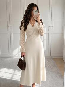 Modelyn Autumn/Winter Elegant Women's Long Dress V-Neck Design Long Sleeve Lace Fabric Patchwork Ruffle French Romantic Dress - Apricot - View 6