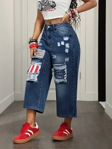 BamGleam Women's Sexy Button Pocket Distressed Loose Denim 7/8 Pants - Dark Wash - View 6