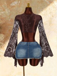 Amplova 女款蕾絲拼接性感百搭約會與外出上衣 - 棕色 - 查看 3