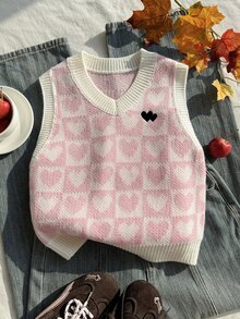 SHEIN (Tween Girl) 淺杏色 V 領刺繡針織背心毛衣，柔軟舒適，適合日常穿著、外出、旅行、度假、托兒所及兒童遊戲 - 粉色 - 查看 4