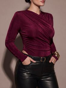 SHEIN BAE CURVE Plus Size Women Burgundy Long Sleeve Ruched Overlap Bodysuit Winter - Burgundy - View 6