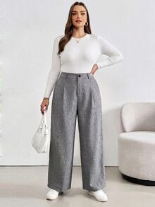 SHEIN Essnce Women's Plus Size Grey Wide-Leg Pants , Stylish, Casual, Loose, And Comfortable With An Elastic Waist (Fall/Winter), Bottom, Retro Style - Grey - View 6
