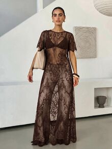 Reflora 大尺碼女款蕾絲性感透視派對與旅行洋裝 - 咖啡棕 - 查看 10
