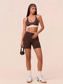 SHEIN BAE Women's Colorblock Polka Dot Print Daily Fitness Sports Bra - Coffee Brown - View 6