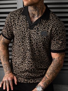 SLATEMANN Men's Leopard Print Letter Denim Short Sleeve Casual Polo Shirt - Black - View 5