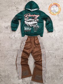 SHEIN 2件組兒童青少年男孩休閒運動街頭塗鴉數字23賽車圖案連帽衛衣與喇叭褲套裝，適合秋季、學校、家庭聚會度假派對，秋季穿搭，冬季穿搭，男孩套裝 - 彩色 - 查看 3