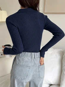 DAZY 女款素色翻領長袖商務休閒套頭毛衣 - 藏蓝色 - 查看 5