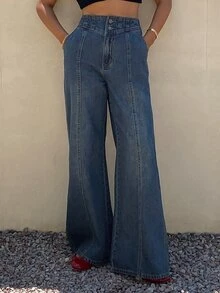 Livesso Tall High Waist Seam Front Flare Leg Jeans - Dark Wash - View 6