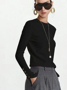 SHEIN Tall Crew Neck Slim Fit Versatile Button Detail Long Sleeve Knit Pullover Sweater - Black - View 7