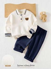 SHEIN 中性嬰兒男孩/女孩、幼兒 2件組秋冬保暖內裡加厚休閒可愛 Polo 領運動衫套裝，嬰兒冬季衣物，聖誕節 - 藏蓝色 - 查看 4