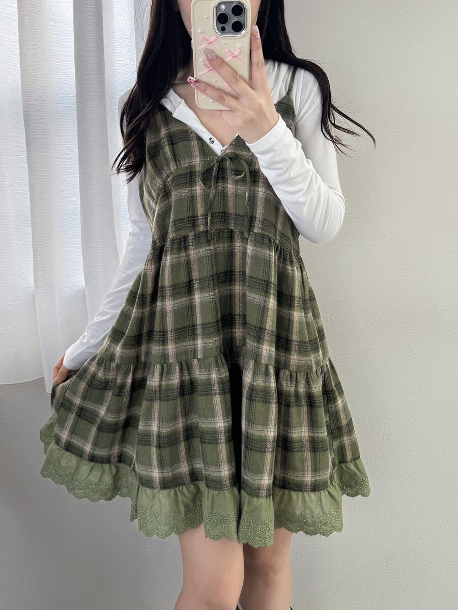 DAZY 青少年女孩格紋百褶休閒日常外出細肩帶上衣 - 綠色 - 查看 1