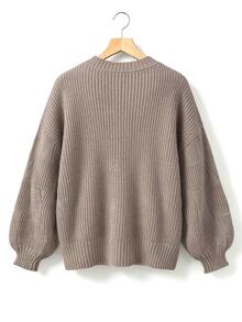 Rustia Plus Size Ribbed V-Neck Minimalist Long Sleeve Pullover Sweater - Camel - View 2