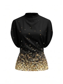 SHEIN Clasi Gold Sequin Gradient Print Cowl Neck Blouse And Mermaid Skirt Set. Suitable For Party - Black - View 5