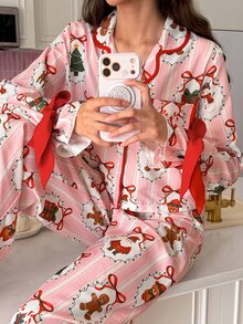 SweetSlumber Romantic Pastoral Floral Leaf Stripe Heart Print Bowknot Design Lapel Front Opening Women's Loungewear Pajama Set - Multicolor - View 4