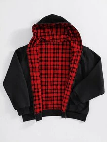 SHEIN 青少年男孩休閒格紋素色雙面可穿連帽外套，正反兩面皆可穿 - 黑色 - 查看 6