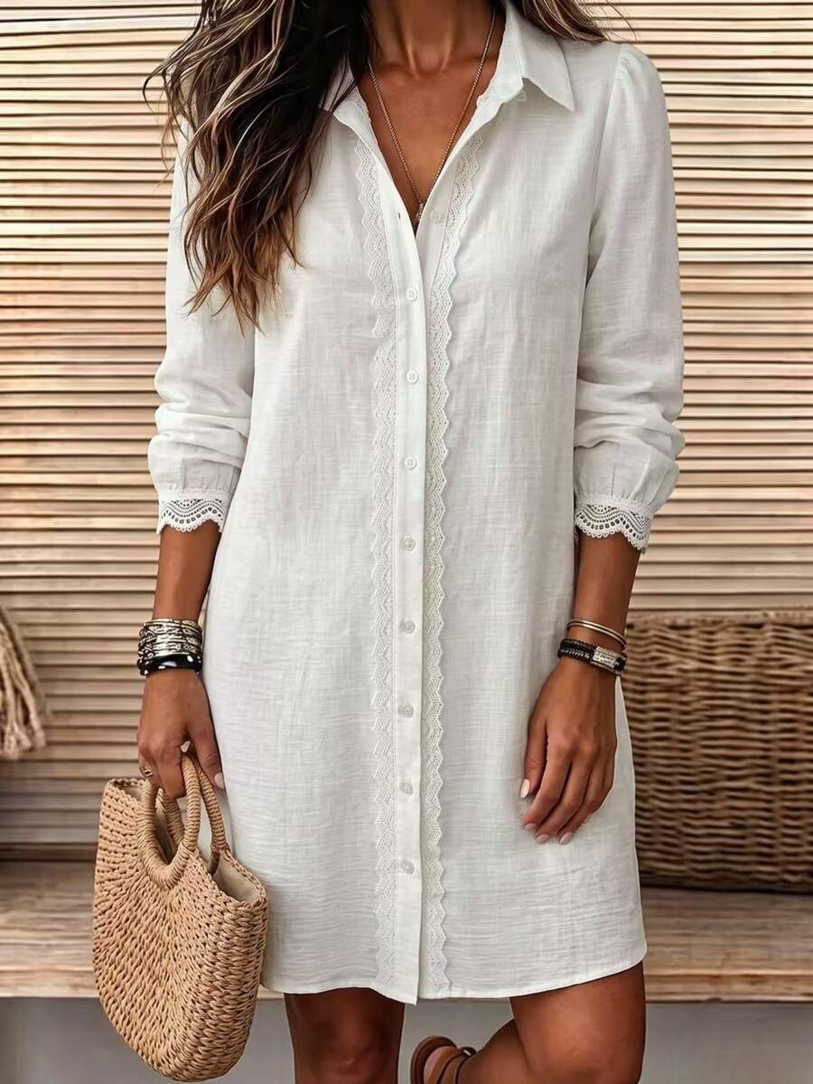 Breezaya Women's Fashion Casual Button Lace Patchwork Dress - White - View 1